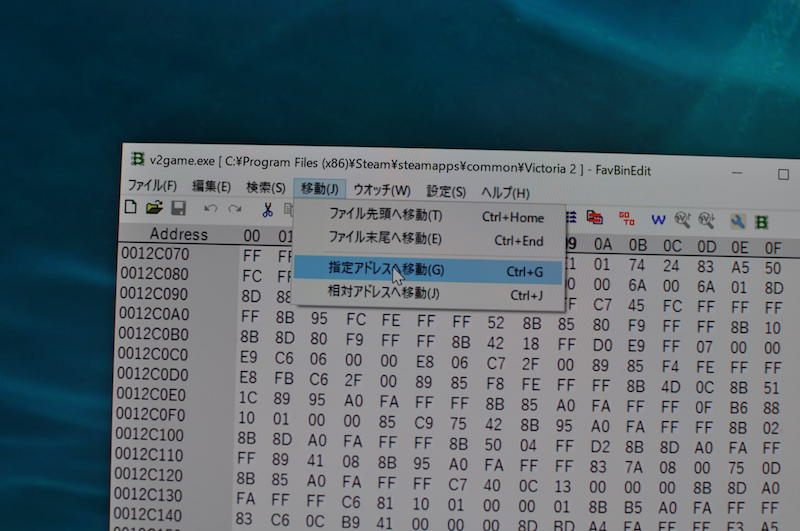 FavBinEditで表示したv2game.exeファイルのバイナリ値
