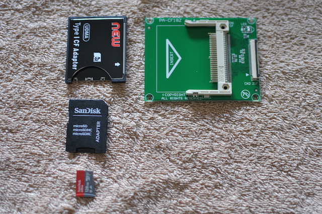 iPodで新たに使うZIF変換基板とCFカードアダプター、SDカードアダプター、microSDカード