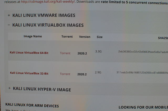 Kali-Linuxのヴァーチャルボックス用ファイルのダウンロードページ